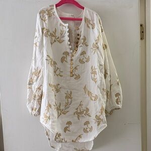 Anthropologie Cream and Gold Floral Tunic